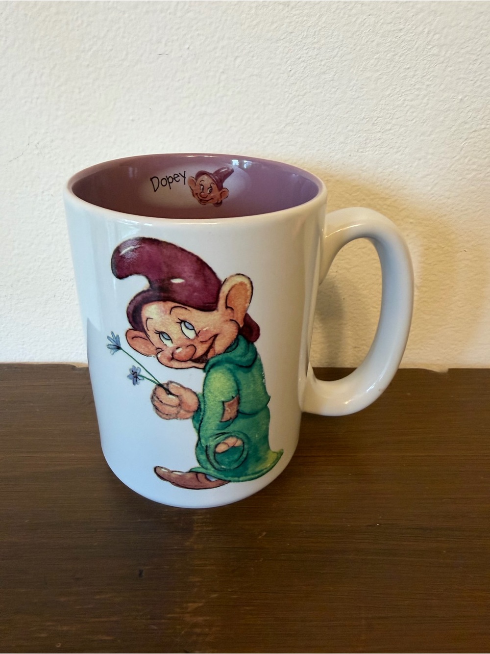 Vintage Disney Dopey Ceramic Coffee Mug - White with Purple Interior